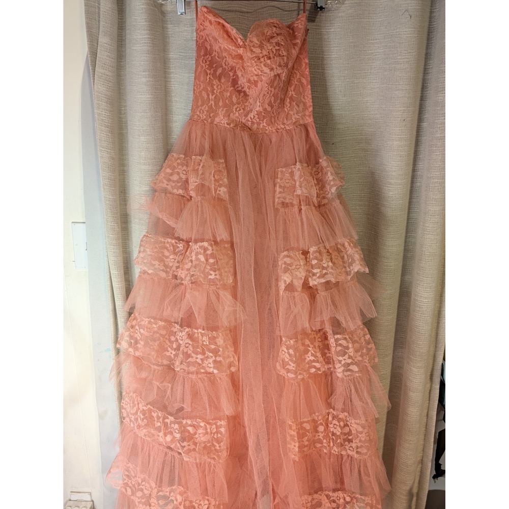 VTG 50s Strapless Coral Pink Tulle Lace Prom Cupcake Dress Rockabilly Fairy XS